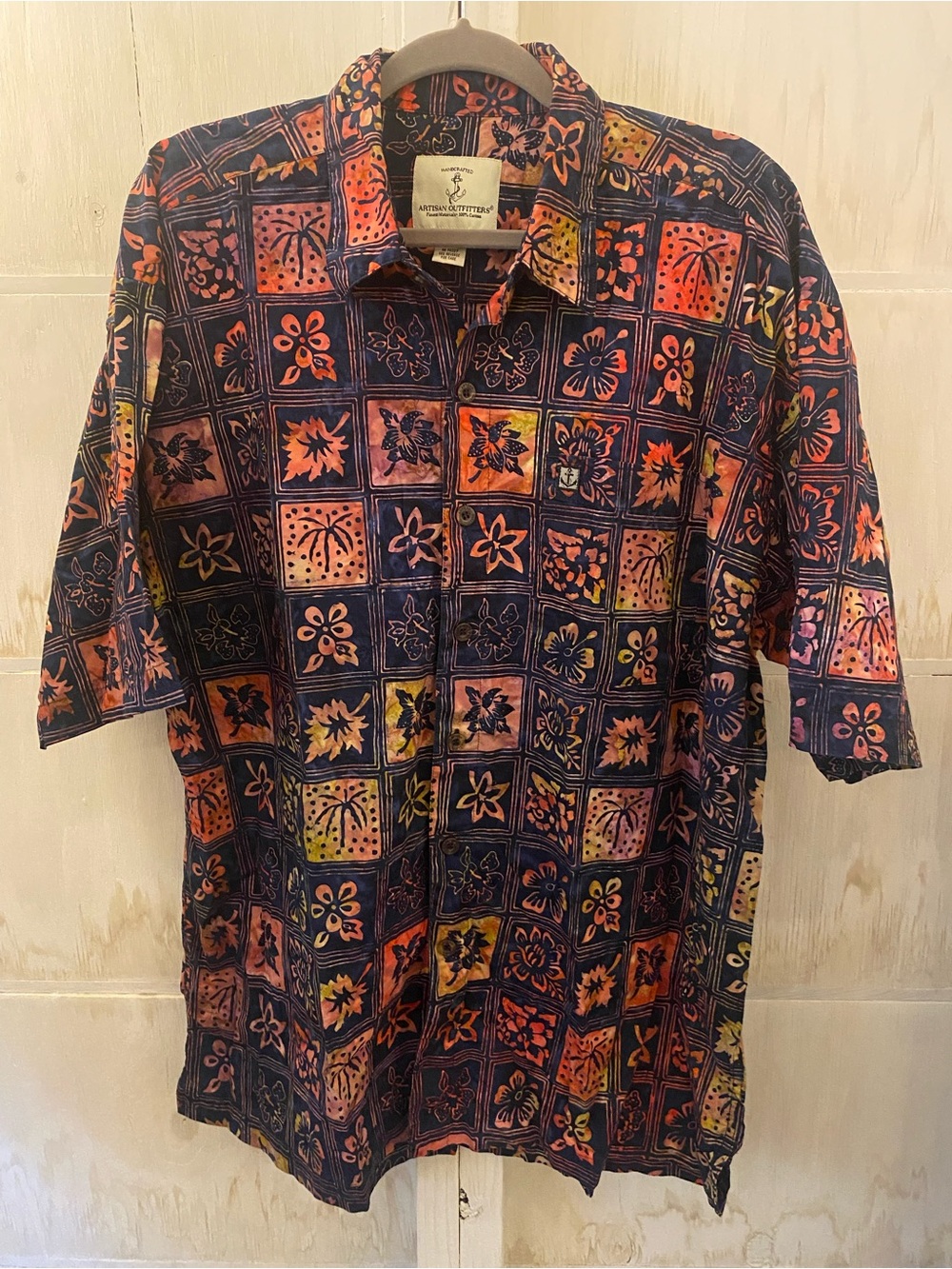 Artisan Navy Floral Patchwork Short-Sleeve Button-Up Batik Print 2XL Shirt